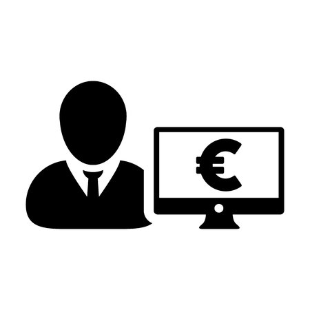 Income icon vector male user person profile avatar with computer monitor and euro sign currency money symbol for banking and finance business in flat color 
glyph pictogram illustrationのイラスト素材