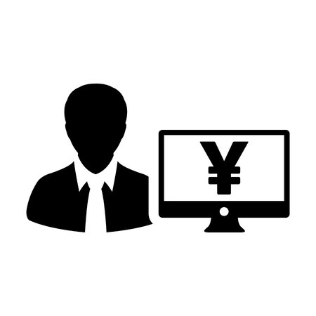 Banking icon vector male user person profile avatar with Yen sign and computer monitor currency money symbol for bank and finance business in flat color glyph pictogram illustrationのイラスト素材