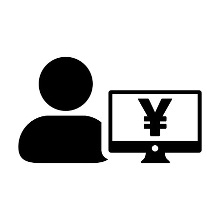 Sales icon vector male user person profile avatar with Yen sign and computer monitor currency money symbol for banking and finance business in flat color glyph pictogram illustrationのイラスト素材