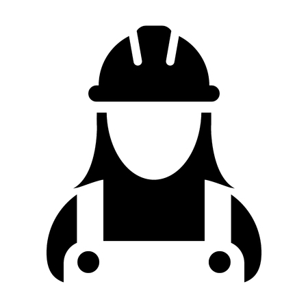Employee icon vector female construction worker person profile avatar with hardhat helmet and jacket in glyph pictogram illustrationのイラスト素材