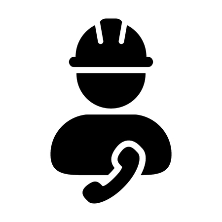 Message icon vector male construction worker person profile avatar with phone and hardhat helmet in glyph pictogram illustrationのイラスト素材