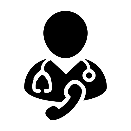 Hospital icon vector of male doctor  person profile avatar symbol with stethoscope and phone for medical health care consultation in glyph pictogram illustrationのイラスト素材