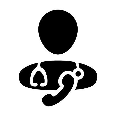 Medical health care icon vector male doctor  person profile avatar symbol with stethoscope and phone for medical health care consultation in glyph pictogram illustrationのイラスト素材
