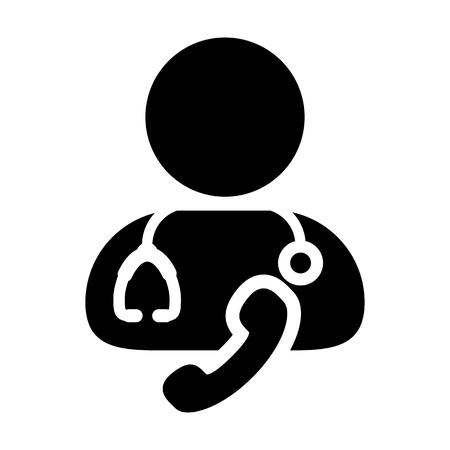 Consultation icon vector of male doctor  person profile avatar symbol with stethoscope and phone for medical health care consultation in glyph pictogram illustrationのイラスト素材