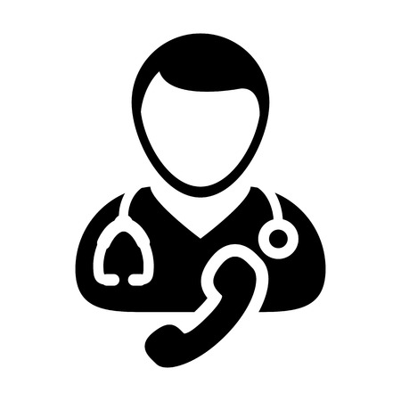 Health icon vector male doctor person profile avatar symbol with Stethoscope and phone for medical care consultation in Glyph Pictogram illustrationのイラスト素材