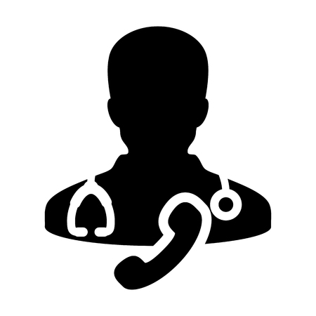 First aid icon vector male doctor  person profile avatar with stethoscope and phone for medical health care consultation in glyph pictogram illustrationのイラスト素材