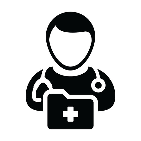 Medical report icon vector with male doctor person profile avatar with stethoscope and folder for health consultation in glyph pictogram illustrationのイラスト素材