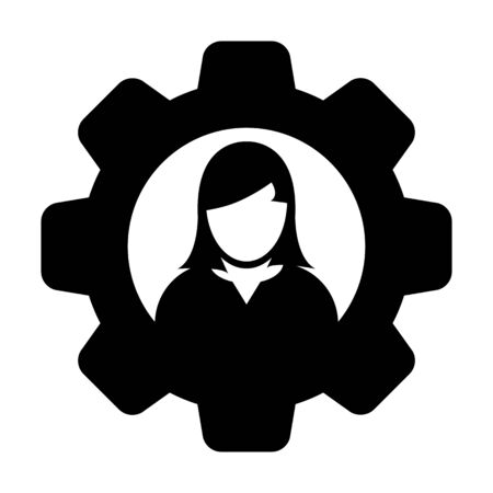 User icon vector female person profile avatar with gear cogwheel for settings and configuration in flat color glyph pictogram illustrationのイラスト素材