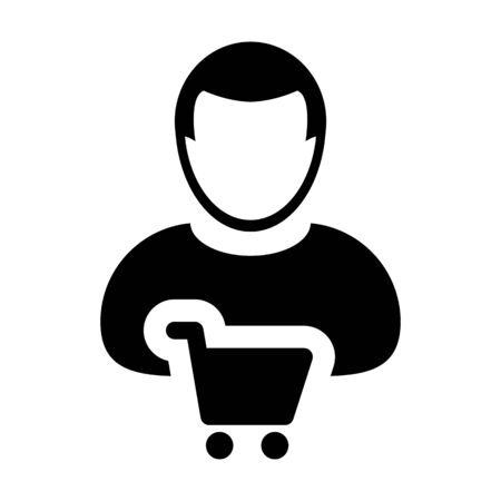 Shopping cart icon vector with male customer person profile avatar symbol for buying goods in Glyph Pictogram illustrationのイラスト素材