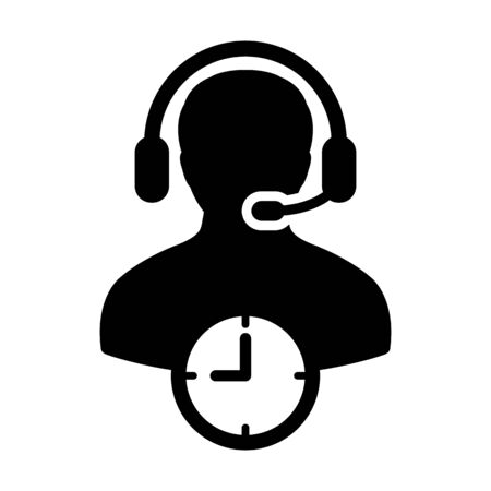 Contact icon vector with clock symbol and male customer care support business service person profile avatar with headphone for online assistant in glyph pictogram illustrationのイラスト素材