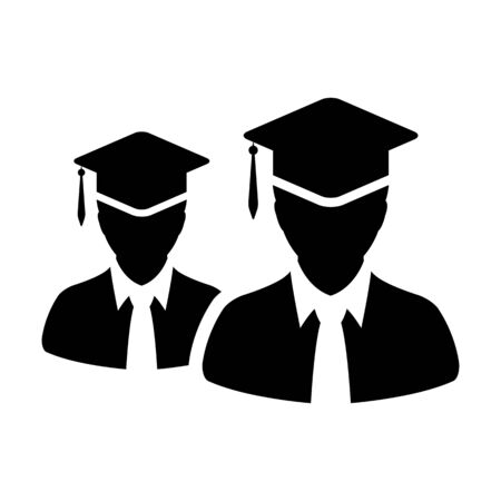 Degree icon vector male group of students person profile avatar with mortar board hat symbol for school, college and university graduation in flat color glyph pictogram illustrationのイラスト素材