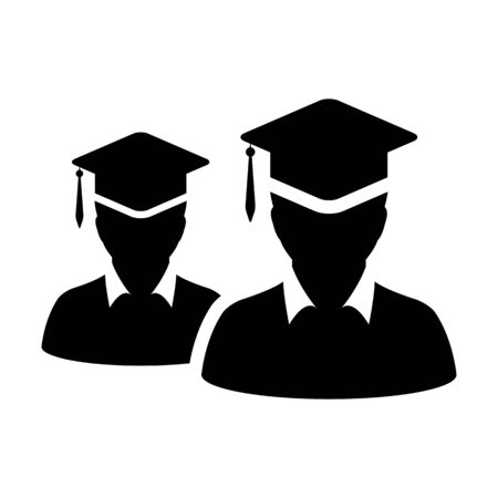 Study icon vector male group of students person profile avatar with mortar board hat symbol for school, college and university graduation degree in flat color glyph pictogram illustrationのイラスト素材