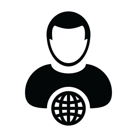 Globe icon vector globe with male person profile avatar symbol for a business network in a flat color glyph pictogram illustrationのイラスト素材