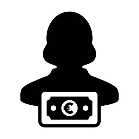 Finance icon vector female user person profile avatar with Euro sign currency money symbol for banking and business in flat color glyph pictogram illustrationのイラスト素材