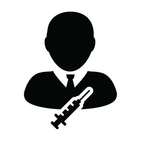 Vaccine icon vector with syringe male user person profile avatar symbol for medical and healthcare in a glyph pictogram illustrationのイラスト素材