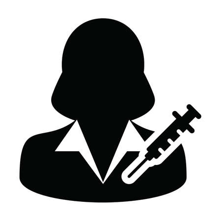 Vaccine user icon vector with syringe female person profile avatar symbol for medical and healthcare treatment in a glyph pictogram illustrationのイラスト素材