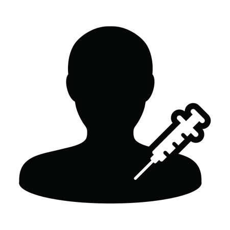 Pharmacy icon vector with vaccine syringe male user person profile avatar symbol for medical and healthcare treatment in a glyph pictogram illustrationのイラスト素材