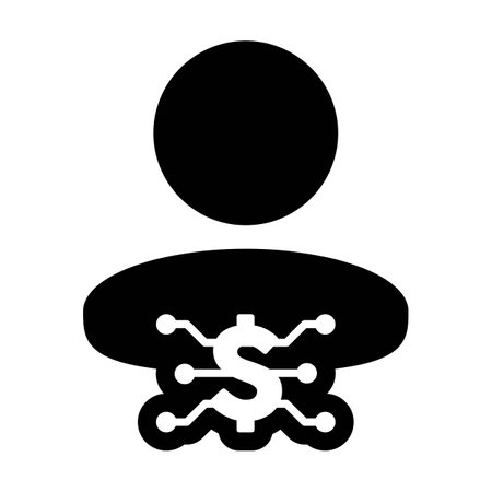 Income icon vector digital dollar currency with male user person profile avatar for digital wallet in a glyph pictogram illustrationのイラスト素材
