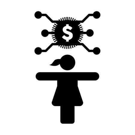 Digital dollar icon vector currency symbol with female person for currency transaction in a glyph pictogram illustrationのイラスト素材