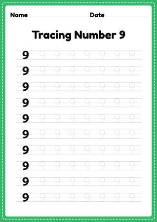 Tracing number 9 worksheet for kindergarten and preschool kids for educational handwriting practice in a printable page.のイラスト素材