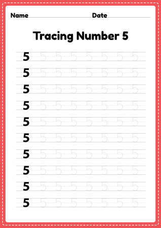 Tracing number 5 worksheet for kindergarten and preschool kids for educational handwriting practice in a printable page.のイラスト素材