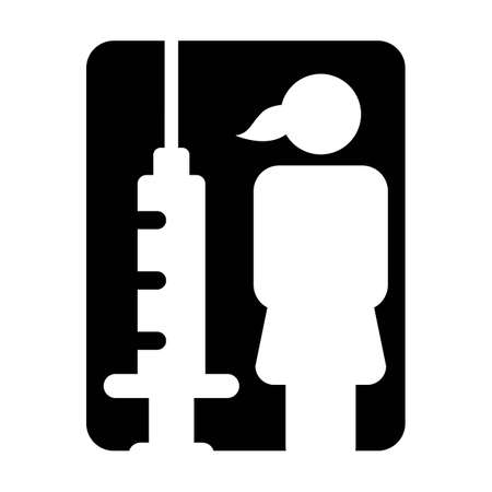 Vaccination icon vector with vaccine injection syringe female person symbol for medical and healthcare treatment in a glyph pictogram illustrationのイラスト素材