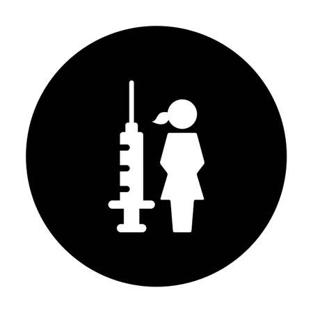 Vaccination icon vector with vaccine injection syringe female person symbol for virus protection in a glyph pictogram illustrationのイラスト素材