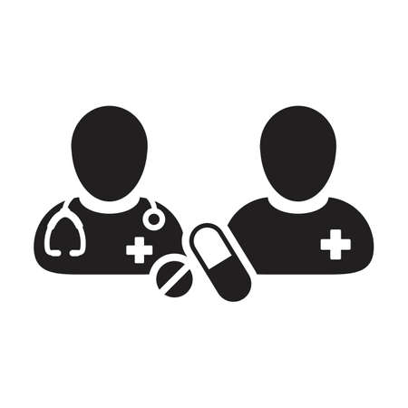 Health icon doctor with patient vector with pill and tablet for medical treatment and consultation in a glyph pictogram illustrationのイラスト素材