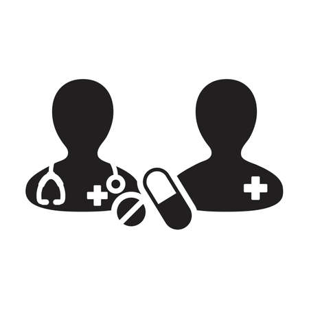 Health icon doctor with patient vector with pill and tablet for medical treatment and consultation in a glyph pictogram illustrationのイラスト素材