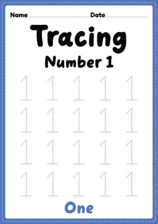 Tracing number 1 worksheet for kindergarten, preschool and Montessori kids for learning numbers and handwriting practice activities.の写真素材