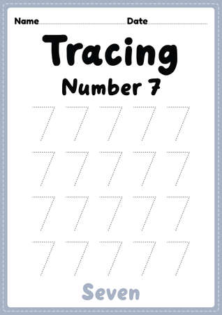 Tracing number 7 worksheet for kindergarten, preschool and Montessori kids for learning numbers and handwriting practice activities.の写真素材
