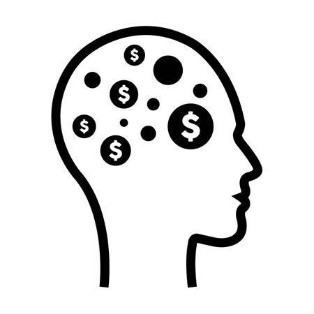 The digital dollar sign icon is on a futuristic human profile face with an implanted brain chip for AI artifical intelligence finance and money mind illustration.のイラスト素材