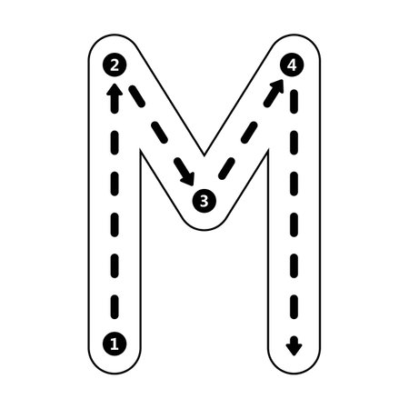 Tracing Alphabet letter M, Uppercase prewriting dotted line element for kindergarten, preschool kids worksheet for handwriting practice activity.のイラスト素材