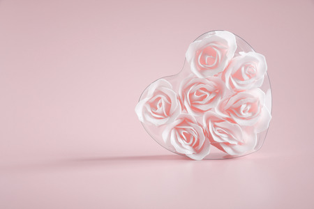 Close up beautiful sweet soft pink rose flower in box with pink background, idea background for valentine's day, woman 's day, wedding's backdrop, Sweet and romantic moment for February concept.の写真素材