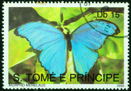 SAO TOME E PRINCIPE - CIRCA 1990  a stamp printed by Sao Tome e Principe, shows blue butterfly in...