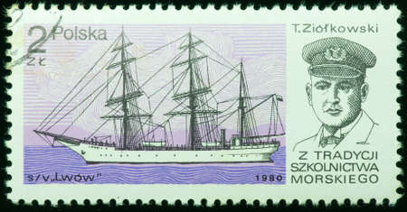 REPUBLIC OF POLAND - CIRCA 1980  a stamp printed by Republic of Poland, shows a ship in the ocean,...