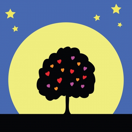 silhouette tree of love with full moonのイラスト素材