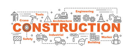 construction vector banner design concept, flat style with thin line art construction icons on white background