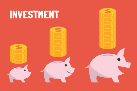 growing investment concept, piggy bank with coin stacks increasing in size, vector illustration flat cartoon styleのイラスト素材