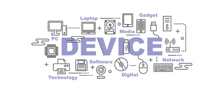device and computer vector banner design concept, flat style with thin line art icons on white backgroundのイラスト素材