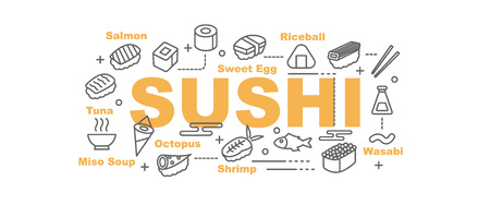 sushi vector banner design concept, flat style with thin line art icons on white backgroundのイラスト素材