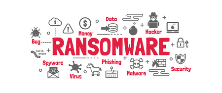 ransomware vector banner design concept, flat style with icons on white backgroundのイラスト素材