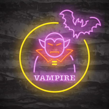 vampire halloween night neon logo, vector neon glow on dark backgroundのイラスト素材