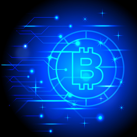 Bitcoin cryptocurrency, digital money symbols on blue circuit background, vector designのイラスト素材