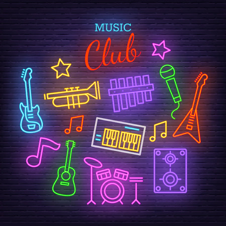 music band neon icons, vector neon glow on dark backgroundのイラスト素材
