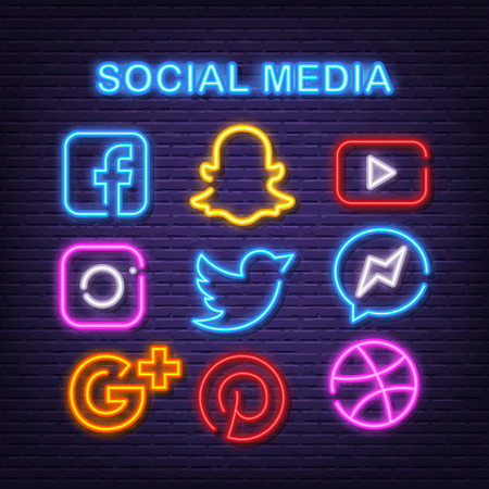 social media neon icons, vector neon glow on dark backgroundのイラスト素材