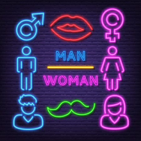 man and woman neon icons, vector neon glow on dark backgroundのイラスト素材