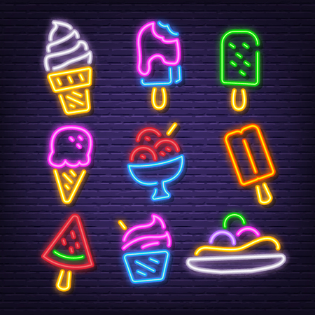 ice cream neon icons, vector neon glow on dark backgroundのイラスト素材