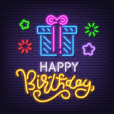 happy birthday neon signboard, vector neon glow on dark backgroundのイラスト素材