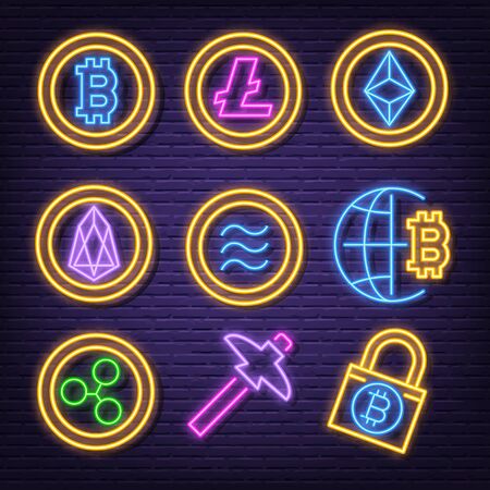 cryptocurrency neon icons, vector neon glow on dark backgroundのイラスト素材